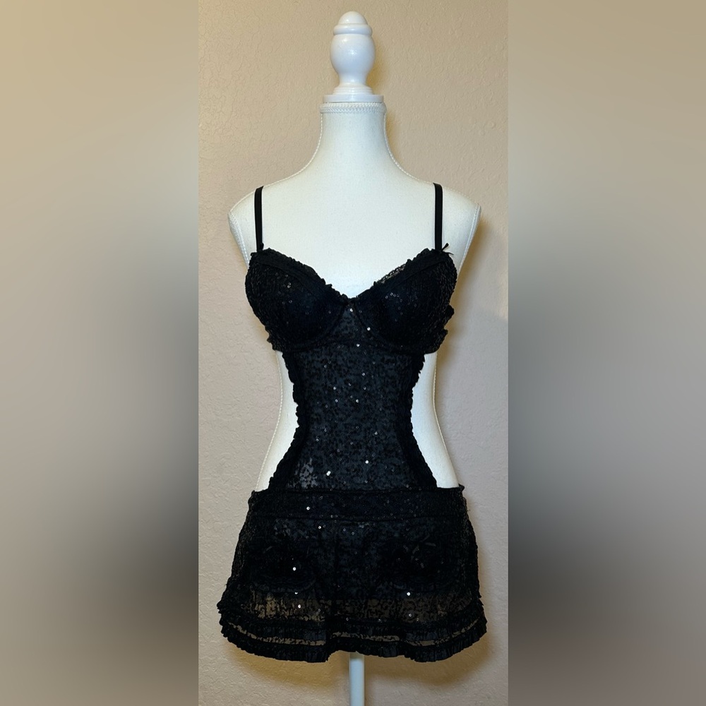 Victoria’s Secret Sexy Little Things Black Sequin Lace Maid Lingerie Set 34C 🖤